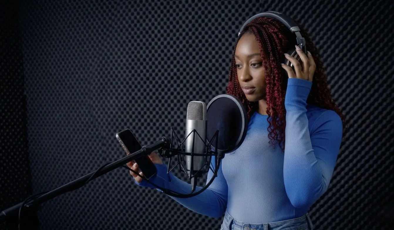 Shiloh recording narration in a professional studio